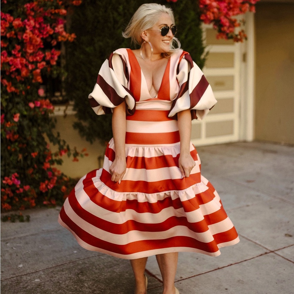 ASOS puff sleeve striped tiered midi dress